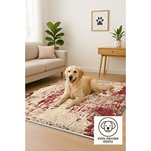Halı – Kırmızı, Bej Ve Kahverengi – Soyut Desen, Pamuk Dokuma Taban, Makinede Yıkanabilir, Kolay Temizlenebilir, Toz Ve Tüy Tutmaz, Kaymaz, Evcil Hayvan Dostu