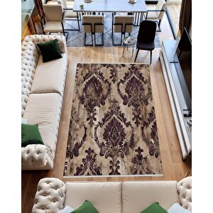 Klasik Desenli Halı – Mor, Kahverengi Ve Bej Tonlar – Makinede Yıkanabilir, Toz Tutmaz, Kaymaz Taban, Evcil Hayvan Dostu 180x200 cm