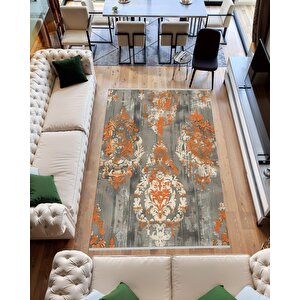 Barok Desenli Klasik Halı – Turuncu, Krem Ve Gri Tonlar – Gösterişli Desenler, Makinede Yıkanabilir, Kaymaz Taban, Toz Tutmaz, Evcil Hayvan Dostu 200x270 cm