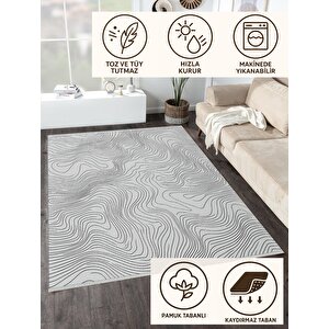 Dalga Desenli Modern Halı – Siyah Ve Krem – Minimalist Çizgi Tasarımı, Makinede Yıkanabilir, Kaymaz Ve İnce Tabanlı