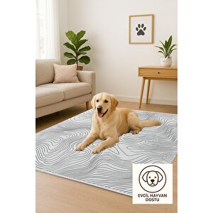 Dalga Desenli Modern Halı – Siyah Ve Krem – Minimalist Çizgi Tasarımı, Makinede Yıkanabilir, Kaymaz Ve İnce Tabanlı