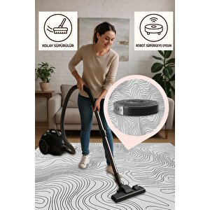 Dalga Desenli Modern Halı – Siyah Ve Krem – Minimalist Çizgi Tasarımı, Makinede Yıkanabilir, Kaymaz Ve İnce Tabanlı