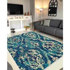 Barok Desenli Halı – Lacivert, Turkuaz Ve Krem Tonları – Zengin Desen Dokusu, Makinede Yıkanabilir, Kaymaz Taban, Toz Tutmaz, Evcil Hayvan Dostu 160x180 cm