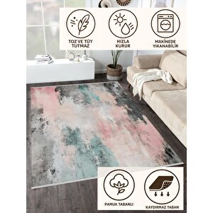 Soyut Pastel Tonlu Halı – Pembe, Mint Yeşili, Siyah Ve Krem – Yumuşak Ve Ferah Görünüm, Makinede Yıkanabilir, Pamuk Taban, Toz Tutmaz, Evcil Hayvan Dostu