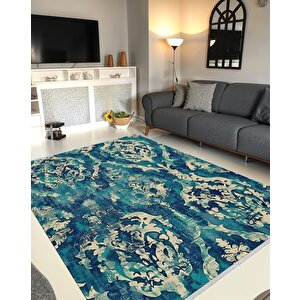 Barok Desenli Halı – Lacivert, Turkuaz Ve Krem Tonları – Zengin Desen Dokusu, Makinede Yıkanabilir, Kaymaz Taban, Toz Tutmaz, Evcil Hayvan Dostu 180x270 cm