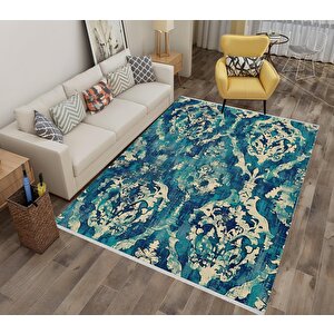 Barok Desenli Halı – Lacivert, Turkuaz Ve Krem Tonları – Zengin Desen Dokusu, Makinede Yıkanabilir, Kaymaz Taban, Toz Tutmaz, Evcil Hayvan Dostu 180x270 cm