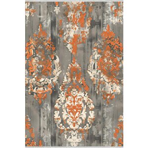Barok Desenli Klasik Halı – Turuncu, Krem Ve Gri Tonlar – Gösterişli Desenler, Makinede Yıkanabilir, Kaymaz Taban, Toz Tutmaz, Evcil Hayvan Dostu 100x100 cm