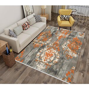 Barok Desenli Klasik Halı – Turuncu, Krem Ve Gri Tonlar – Gösterişli Desenler, Makinede Yıkanabilir, Kaymaz Taban, Toz Tutmaz, Evcil Hayvan Dostu 100x100 cm