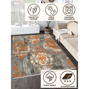 Barok Desenli Klasik Halı – Turuncu, Krem Ve Gri Tonlar – Gösterişli Desenler, Makinede Yıkanabilir, Kaymaz Taban, Toz Tutmaz, Evcil Hayvan Dostu
