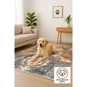 Barok Desenli Klasik Halı – Turuncu, Krem Ve Gri Tonlar – Gösterişli Desenler, Makinede Yıkanabilir, Kaymaz Taban, Toz Tutmaz, Evcil Hayvan Dostu