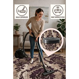 Klasik Desenli Halı – Mor, Kahverengi Ve Bej Tonlar – Makinede Yıkanabilir, Toz Tutmaz, Kaymaz Taban, Evcil Hayvan Dostu