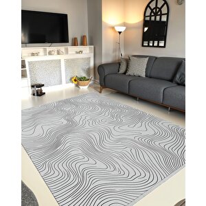 Dalga Desenli Modern Halı – Siyah Ve Krem – Minimalist Çizgi Tasarımı, Makinede Yıkanabilir, Kaymaz Ve İnce Tabanlı