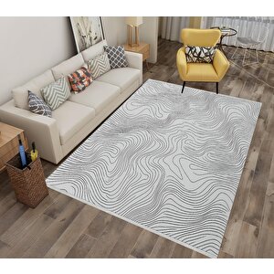 Dalga Desenli Modern Halı – Siyah Ve Krem – Minimalist Çizgi Tasarımı, Makinede Yıkanabilir, Kaymaz Ve İnce Tabanlı