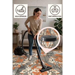 Barok Desenli Klasik Halı – Turuncu, Krem Ve Gri Tonlar – Gösterişli Desenler, Makinede Yıkanabilir, Kaymaz Taban, Toz Tutmaz, Evcil Hayvan Dostu