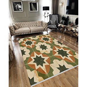 Halı – Yeşil; Kahverengi; Krem – Geometrik Desen, Pamuk Dokuma Taban, Makinede Yıkanabilir, Kolay Temizlenebilir, Toz Ve Tüy Tutmaz, Kaymaz, Evcil Hayvan Dostu 160x350 cm
