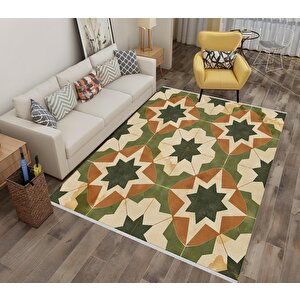 Halı – Yeşil; Kahverengi; Krem – Geometrik Desen, Pamuk Dokuma Taban, Makinede Yıkanabilir, Kolay Temizlenebilir, Toz Ve Tüy Tutmaz, Kaymaz, Evcil Hayvan Dostu 160x350 cm