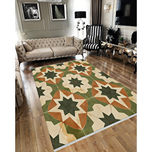 Halı – Yeşil; Kahverengi; Krem – Geometrik Desen, Pamuk Dokuma Taban, Makinede Yıkanabilir, Kolay Temizlenebilir, Toz Ve Tüy Tutmaz, Kaymaz, Evcil Hayvan Dostu 180x200 cm