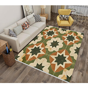 Halı – Yeşil; Kahverengi; Krem – Geometrik Desen, Pamuk Dokuma Taban, Makinede Yıkanabilir, Kolay Temizlenebilir, Toz Ve Tüy Tutmaz, Kaymaz, Evcil Hayvan Dostu 180x200 cm