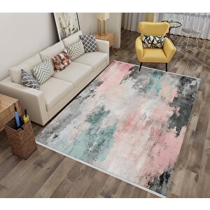 Soyut Pastel Tonlu Halı – Pembe, Mint Yeşili, Siyah Ve Krem – Yumuşak Ve Ferah Görünüm, Makinede Yıkanabilir, Pamuk Taban, Toz Tutmaz, Evcil Hayvan Dostu