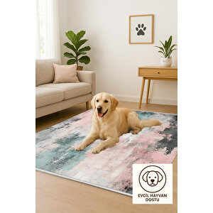 Soyut Pastel Tonlu Halı – Pembe, Mint Yeşili, Siyah Ve Krem – Yumuşak Ve Ferah Görünüm, Makinede Yıkanabilir, Pamuk Taban, Toz Tutmaz, Evcil Hayvan Dostu