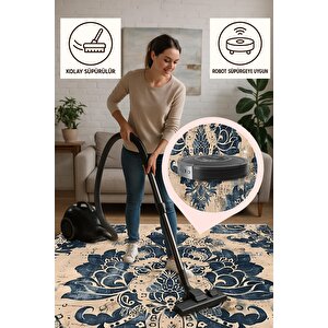 Damask Desenli Halı – Lacivert Ve Bej – Sanatsal Eskitme Dokunuşlarıyla Dramatik Zarafet, Makinede Yıkanabilir, Kaymaz Ve İnce Tabanlı