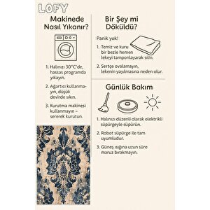 Damask Desenli Halı – Lacivert Ve Bej – Sanatsal Eskitme Dokunuşlarıyla Dramatik Zarafet, Makinede Yıkanabilir, Kaymaz Ve İnce Tabanlı