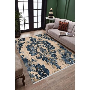 Damask Desenli Halı – Lacivert Ve Bej – Sanatsal Eskitme Dokunuşlarıyla Dramatik Zarafet, Makinede Yıkanabilir, Kaymaz Ve İnce Tabanlı 200x220 cm