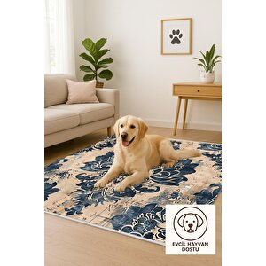 Damask Desenli Halı – Lacivert Ve Bej – Sanatsal Eskitme Dokunuşlarıyla Dramatik Zarafet, Makinede Yıkanabilir, Kaymaz Ve İnce Tabanlı