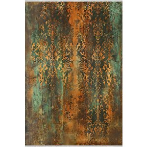 Vintage Barok Halı – Turuncu Ve Yeşil – Eskitme Damask Desenli, Makinede Yıkanabilir, Kaymaz Ve İnce Tabanlı