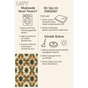 Halı – Yeşil; Kahverengi; Krem – Geometrik Desen, Pamuk Dokuma Taban, Makinede Yıkanabilir, Kolay Temizlenebilir, Toz Ve Tüy Tutmaz, Kaymaz, Evcil Hayvan Dostu