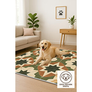 Halı – Yeşil; Kahverengi; Krem – Geometrik Desen, Pamuk Dokuma Taban, Makinede Yıkanabilir, Kolay Temizlenebilir, Toz Ve Tüy Tutmaz, Kaymaz, Evcil Hayvan Dostu