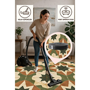 Halı – Yeşil; Kahverengi; Krem – Geometrik Desen, Pamuk Dokuma Taban, Makinede Yıkanabilir, Kolay Temizlenebilir, Toz Ve Tüy Tutmaz, Kaymaz, Evcil Hayvan Dostu