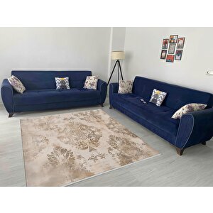 Klasik Damask Desenli Halı – Bej Ve Kahverengi – Zarif Eskitme Görünüm, Yumuşak Doku, Makinede Yıkanabilir, Kaymaz Ve İnce Tabanlı 100x100 cm