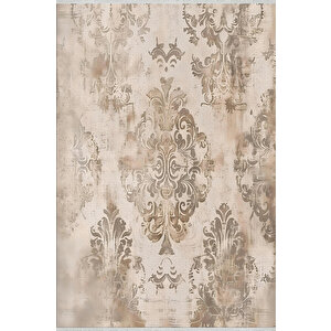 Klasik Damask Desenli Halı – Bej Ve Kahverengi – Zarif Eskitme Görünüm, Yumuşak Doku, Makinede Yıkanabilir, Kaymaz Ve İnce Tabanlı 100x100 cm
