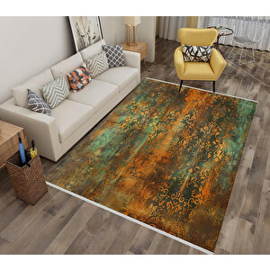 Vintage Barok Halı – Turuncu Ve Yeşil – Eskitme Damask Desenli, Makinede Yıkanabilir, Kaymaz Ve İnce Tabanlı 150x150 cm
