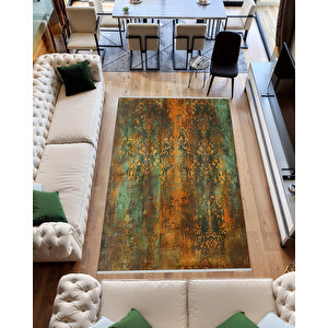 Vintage Barok Halı – Turuncu Ve Yeşil – Eskitme Damask Desenli, Makinede Yıkanabilir, Kaymaz Ve İnce Tabanlı 150x150 cm