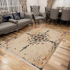 Bej Eskitilmiş Medallion Halı – Zamansız Ve Çarpıcı Kontrast – Makinede Yıkanabilir, Tüy Tutmaz, Pamuk Dokuma Tabanlı 120x270 cm