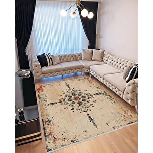 Bej Eskitilmiş Medallion Halı – Zamansız Ve Çarpıcı Kontrast – Makinede Yıkanabilir, Tüy Tutmaz, Pamuk Dokuma Tabanlı 120x270 cm
