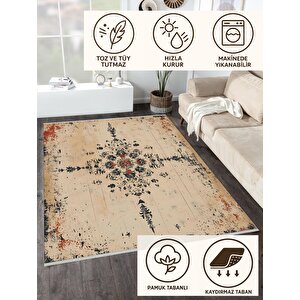 Bej Eskitilmiş Medallion Halı – Zamansız Ve Çarpıcı Kontrast – Makinede Yıkanabilir, Tüy Tutmaz, Pamuk Dokuma Tabanlı