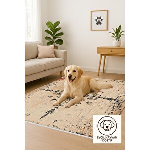 Bej Eskitilmiş Medallion Halı – Zamansız Ve Çarpıcı Kontrast – Makinede Yıkanabilir, Tüy Tutmaz, Pamuk Dokuma Tabanlı