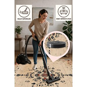 Bej Eskitilmiş Medallion Halı – Zamansız Ve Çarpıcı Kontrast – Makinede Yıkanabilir, Tüy Tutmaz, Pamuk Dokuma Tabanlı