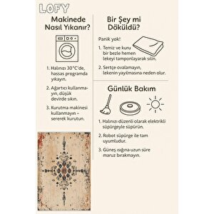 Bej Eskitilmiş Medallion Halı – Zamansız Ve Çarpıcı Kontrast – Makinede Yıkanabilir, Tüy Tutmaz, Pamuk Dokuma Tabanlı