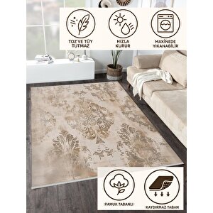 Klasik Damask Desenli Halı – Bej Ve Kahverengi – Zarif Eskitme Görünüm, Yumuşak Doku, Makinede Yıkanabilir, Kaymaz Ve İnce Tabanlı