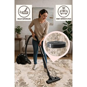 Klasik Damask Desenli Halı – Bej Ve Kahverengi – Zarif Eskitme Görünüm, Yumuşak Doku, Makinede Yıkanabilir, Kaymaz Ve İnce Tabanlı