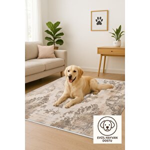 Klasik Damask Desenli Halı – Bej Ve Kahverengi – Zarif Eskitme Görünüm, Yumuşak Doku, Makinede Yıkanabilir, Kaymaz Ve İnce Tabanlı