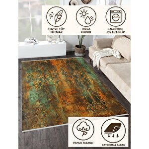 Vintage Barok Halı – Turuncu Ve Yeşil – Eskitme Damask Desenli, Makinede Yıkanabilir, Kaymaz Ve İnce Tabanlı