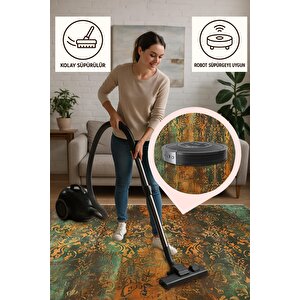 Vintage Barok Halı – Turuncu Ve Yeşil – Eskitme Damask Desenli, Makinede Yıkanabilir, Kaymaz Ve İnce Tabanlı