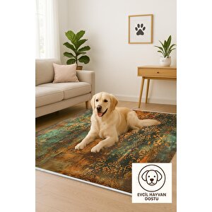 Vintage Barok Halı – Turuncu Ve Yeşil – Eskitme Damask Desenli, Makinede Yıkanabilir, Kaymaz Ve İnce Tabanlı