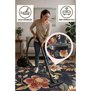 Çiçek Desenli Klasik Halı – Lacivert, Kırmızı Ve Sarı – Canlı Renkli Vintage Çiçek Tasarımı, Makinede Yıkanabilir, Kaymaz Ve İnce Tabanlı