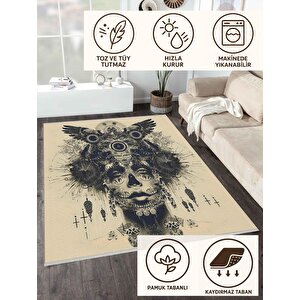 Gotik İllüstrasyon Halı – Siyah Ve Krem – Cesur Ve Sıra Dışı Dekoratif Tarz, Makinede Yıkanabilir, Kaymaz Taban, Evcil Hayvan Dostu